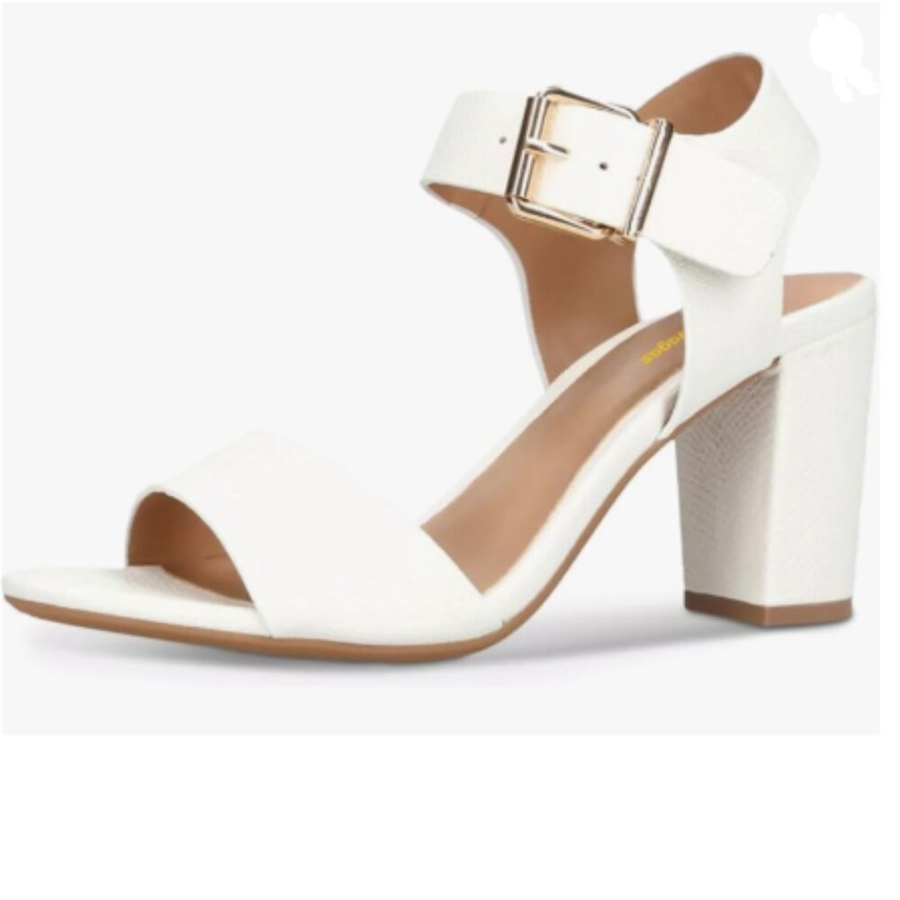 Wo Wagas White Open Toe Sandals Ankle Buckled Strap Block High Heel Daily Shoes